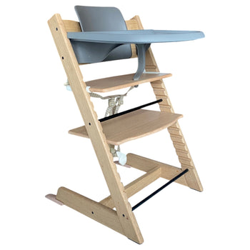 Stokke-High-Chair-(Brown)-with-Baby-Set-Tray-(Storm)-&-Harness-(Beige)-1-1
