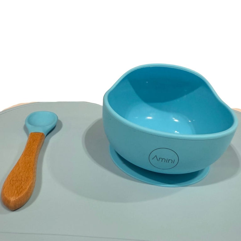 Amini Silicone Suction Bowl, Spoon & Place Mat Set - Blue