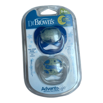 Dr Brown's 2-Piece Advantage Glow in The Dark Pacifiers Stage 1 (0-6m) - Blue