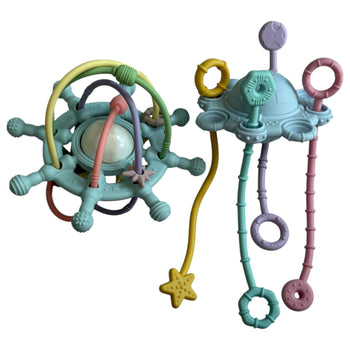 Montessori Food-Grade Silicone Teething and Pull String Toy - Pack of 2 - Blue