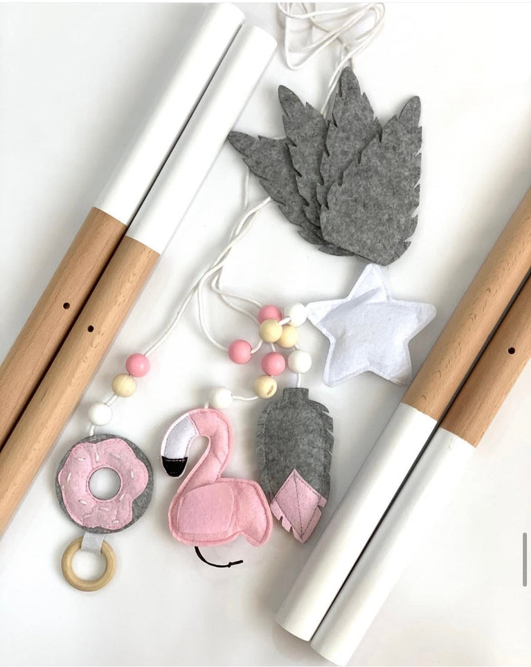 Wooden Play Gym with Hanging Pendants - Pink/Grey