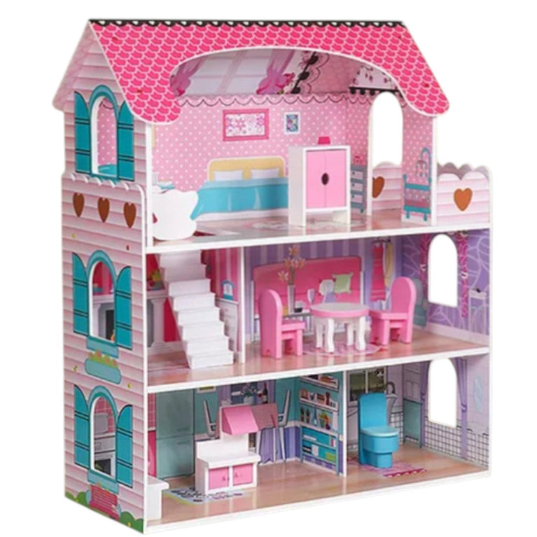 Fab n Funky Pink 3-Story Wooden Doll House with Furniture