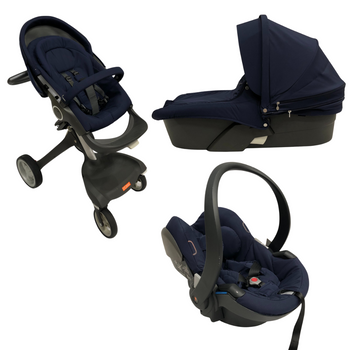 Stokke Xplory Travel System Bundle (Stroller+Bassinet+Car Seat+Carry Bags)- Navy Blue (2016)
