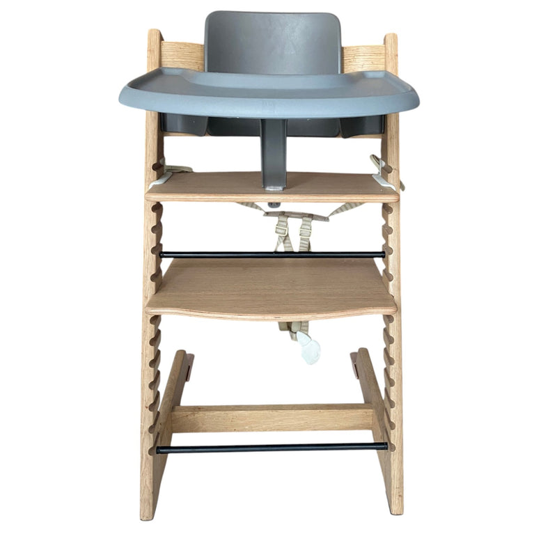 Stokke-High-Chair-(Brown)-with-Baby-Set-Tray-(Storm)-&-Harness-(Beige)-1-2