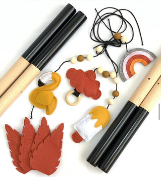 Wooden Play Gym with Hanging Pendants - Autumn Red/Yellow