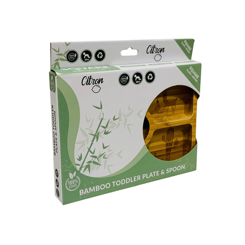 Citron-Kids-Square-Bamboo-Plate-With-Suction-And-Spoon-Pink-1-1