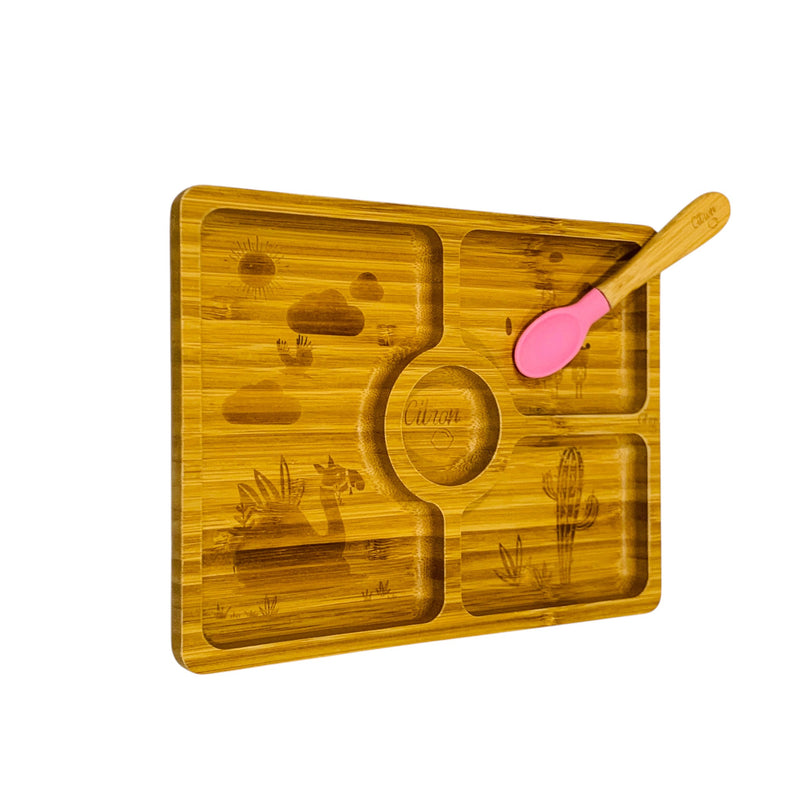 Citron-Kids-Square-Bamboo-Plate-With-Suction-And-Spoon-Pink-1-2